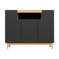**Meuble de rangement moderne en bois et noir avec compartiment ouvert**